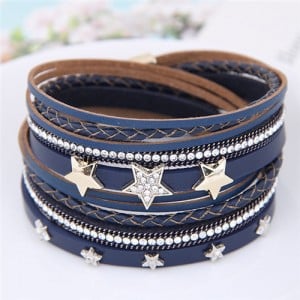 Stars Attached Multi-layer Leather Fashion Bangle - Blue