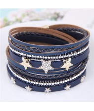 Stars Attached Multi-layer Leather Fashion Bangle - Blue