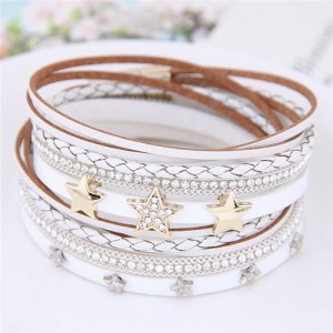 Stars Attached Multi-layer Leather Fashion Bangle - White