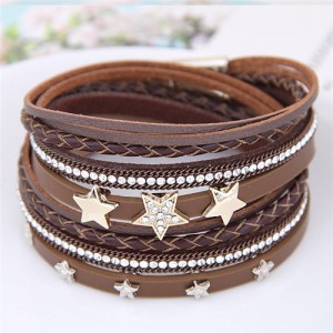 Stars Attached Multi-layer Leather Fashion Bangle - Brown