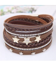 Stars Attached Multi-layer Leather Fashion Bangle - Brown