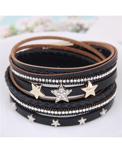 Stars Attached Multi-layer Leather Fashion Bangle - Black