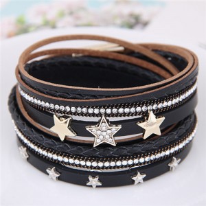 Stars Attached Multi-layer Leather Fashion Bangle - Black