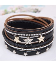 Stars Attached Multi-layer Leather Fashion Bangle - Black