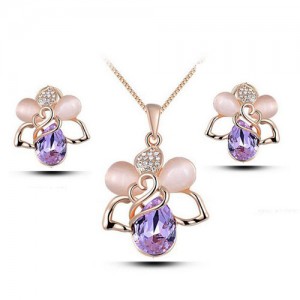 Rose Floral Fashion Waterdrop Design Necklace and Earrings Set