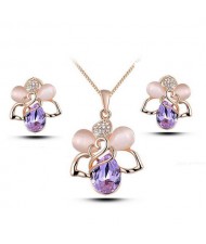 Rose Floral Fashion Waterdrop Design Necklace and Earrings Set