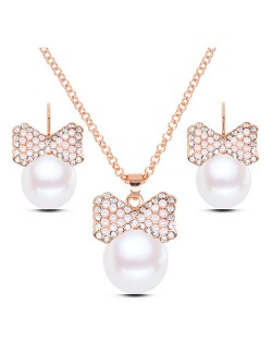 Rhinestone Embellished Pearl Fashion Necklace and Earrings Set - Golden
