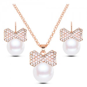 Rhinestone Embellished Pearl Fashion Necklace and Earrings Set - Golden