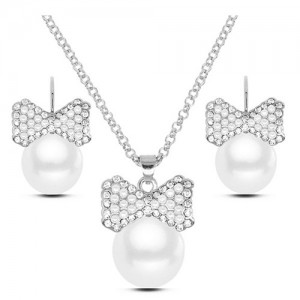 Rhinestone Embellished Pearl Fashion Necklace and Earrings Set - Silver