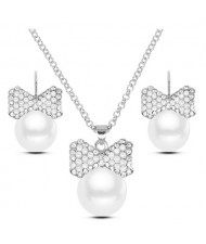 Rhinestone Embellished Pearl Fashion Necklace and Earrings Set - Silver
