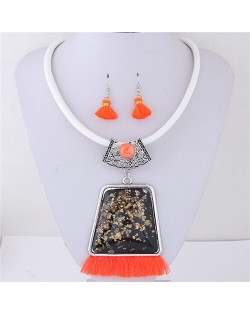 Geometric Gem with Tassel Bohemian Fashion Necklace and Earrings Set - Orange