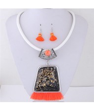Geometric Gem with Tassel Bohemian Fashion Necklace and Earrings Set - Orange