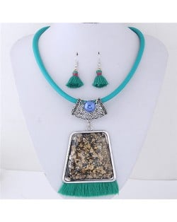 Geometric Gem with Tassel Bohemian Fashion Necklace and Earrings Set - Teal