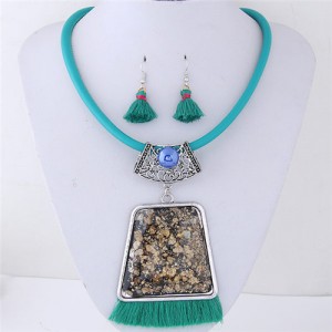 Geometric Gem with Tassel Bohemian Fashion Necklace and Earrings Set - Teal