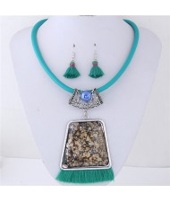 Geometric Gem with Tassel Bohemian Fashion Necklace and Earrings Set - Teal