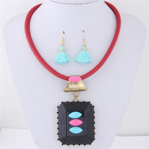 Oblong Resin Gem Pendant Leather Necklace and Earrings Set - Red