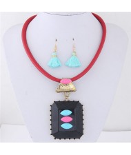 Oblong Resin Gem Pendant Leather Necklace and Earrings Set - Red