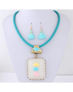 Oblong Resin Gem Pendant Leather Necklace and Earrings Set - Blue