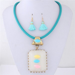 Oblong Resin Gem Pendant Leather Necklace and Earrings Set - Blue