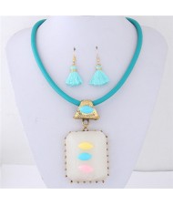 Oblong Resin Gem Pendant Leather Necklace and Earrings Set - Blue