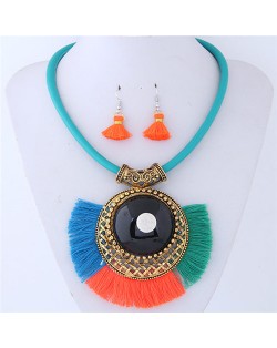 Large Gem Inlaid Hollow Round Pendant with Tassel Design Fashion Necklace and Earrings Set