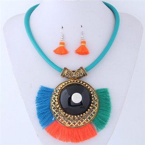 Large Gem Inlaid Hollow Round Pendant with Tassel Design Fashion Necklace and Earrings Set