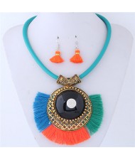 Large Gem Inlaid Hollow Round Pendant with Tassel Design Fashion Necklace and Earrings Set