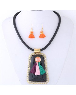 Tassels Attached Gem Pendant Bohemian Fashion Necklace and Earrings Set - Black