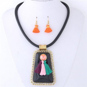 Tassels Attached Gem Pendant Bohemian Fashion Necklace and Earrings Set - Black