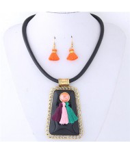Tassels Attached Gem Pendant Bohemian Fashion Necklace and Earrings Set - Black