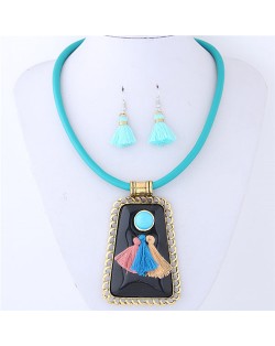 Tassels Attached Gem Pendant Bohemian Fashion Necklace and Earrings Set - Blue