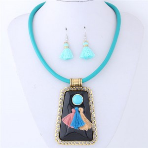 Tassels Attached Gem Pendant Bohemian Fashion Necklace and Earrings Set - Blue