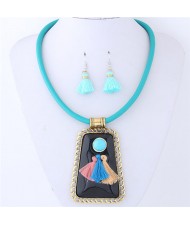 Tassels Attached Gem Pendant Bohemian Fashion Necklace and Earrings Set - Blue