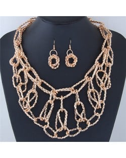 Chunky Weaving Chain Style Costume Necklace and Earrings Set - Golden