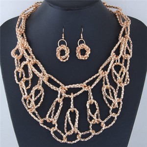 Chunky Weaving Chain Style Costume Necklace and Earrings Set - Golden