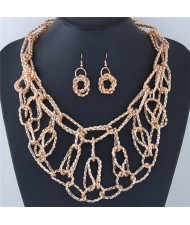 Chunky Weaving Chain Style Costume Necklace and Earrings Set - Golden
