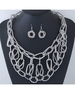 Chunky Weaving Chain Style Costume Necklace and Earrings Set - Silver