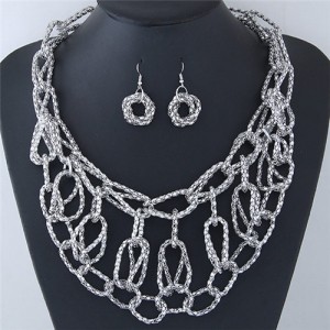 Chunky Weaving Chain Style Costume Necklace and Earrings Set - Silver