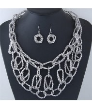 Chunky Weaving Chain Style Costume Necklace and Earrings Set - Silver