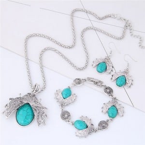Gem Inlaid Ladybug Pendants Design Costume Necklace and Earrings Set - Blue