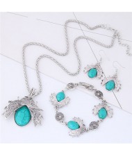 Gem Inlaid Ladybug Pendants Design Costume Necklace and Earrings Set - Blue