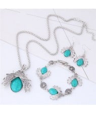 Gem Inlaid Ladybug Pendants Design Costume Necklace and Earrings Set - Blue