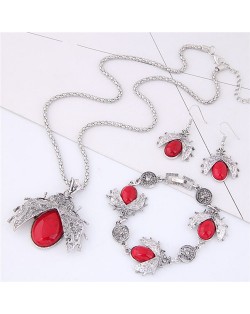 Gem Inlaid Ladybug Pendants Design Costume Necklace and Earrings Set - Red