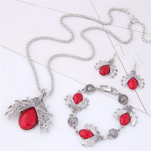 Gem Inlaid Ladybug Pendants Design Costume Necklace and Earrings Set - Red