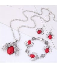 Gem Inlaid Ladybug Pendants Design Costume Necklace and Earrings Set - Red