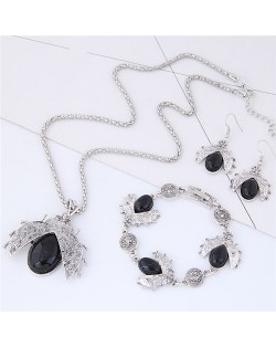 Gem Inlaid Ladybug Pendants Design Costume Necklace and Earrings Set - Black