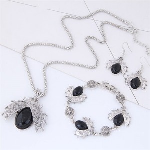 Gem Inlaid Ladybug Pendants Design Costume Necklace and Earrings Set - Black