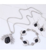 Gem Inlaid Ladybug Pendants Design Costume Necklace and Earrings Set - Black