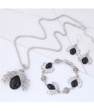 Gem Inlaid Ladybug Pendants Design Costume Necklace and Earrings Set - Black