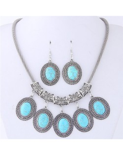 Artificial Turquoise Inlaid Oval-shaped Pendants Vintage Cloud Engraving Fashion Necklace and Earrings Set - Teal